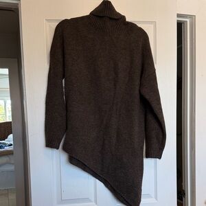 Asymmetrical Brown Turtleneck Tunic Sweater